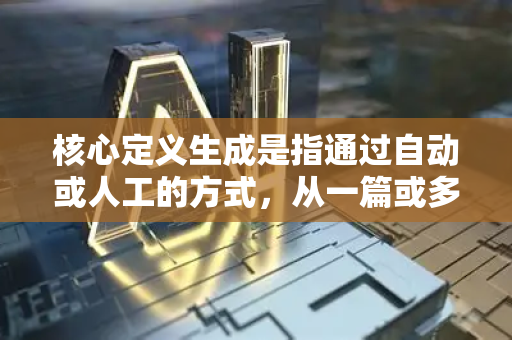 核心定义生成是指通过自动或人工的方式，从一篇或多篇较长的源文本（如文章、报告、论文、新闻）中，提取其核心信息和主旨，生成一段更短、更精炼、保留原意的文字的过程。其核心目标是实现信息的压缩和价值提取